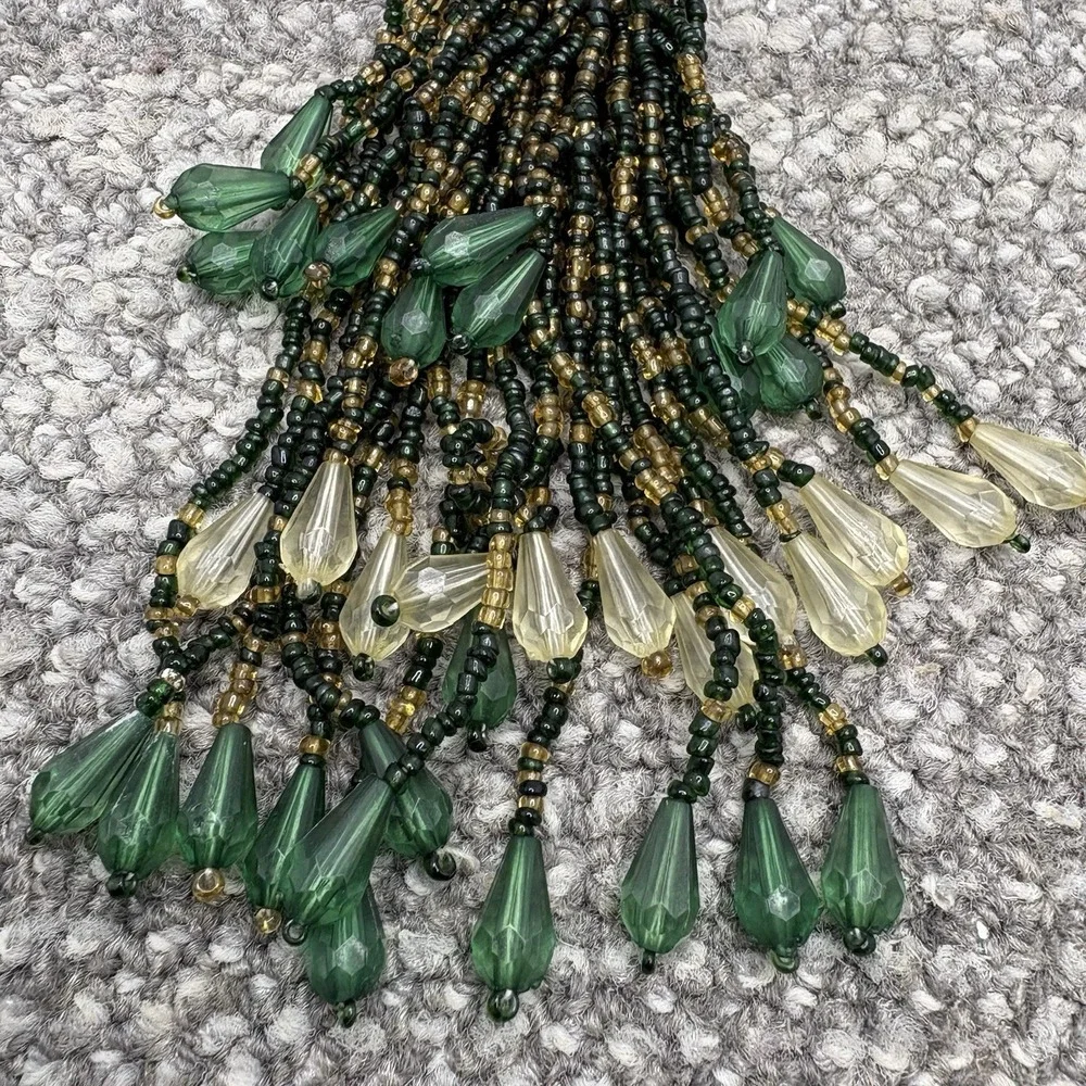 Beaded Curtain Tie Back Embellished Green Cream Brown Tones VTG Beautiful Home